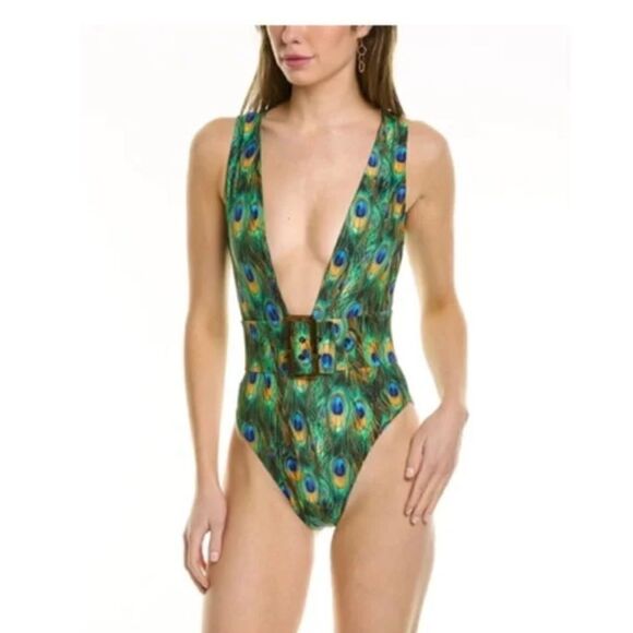 WeWoreWhat Palm Green Peacock Belted Plunge One Piece Size XS - Picture 2 of 4